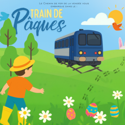 Affiche de l'évènement, une illustration avec un petit garçon qui cherche des oeufs de Päques en premier plan et un autorail bleu et gris qui arrive sur le lieu de la chasse aux oeufs en arrière plan